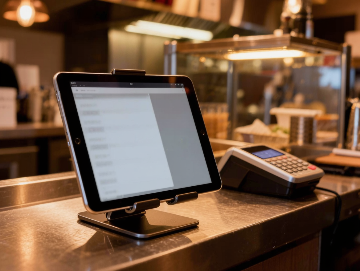 A tablet on a restaurant counter